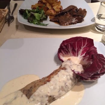 Dolceforte - Buckwheat crepe (vegetarian) with cheese sauce and Beef cooked in wine with roast potatoes. - Siena, SI