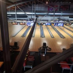 Moe's Original Bar B Que - Bowling! alley from upstairs. So fun!