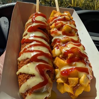 Myungrang Hot Dog - Potato hot dog and half cheese/half hot dog - Hot Dogs Near Me - Cupertino, California Myungrang Hot Dog - Potato hot dog and half cheese/half hot dog - Hot Dogs Near Me - Cupertino, California