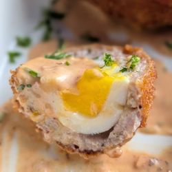 Cross-section of my scotch egg with chipotle mayo