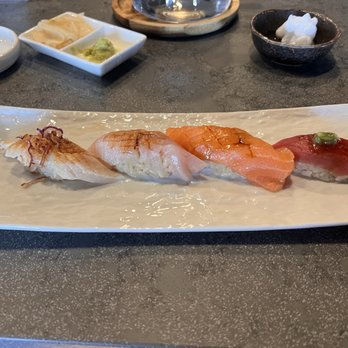 Akami Sushi - Left to right: Albacore, yellowtail, salmon and tuna - Japanese Near Me - North Hollywood, California Akami Sushi - Left to right: Albacore, yellowtail, salmon and tuna - Japanese Near Me - North Hollywood, California