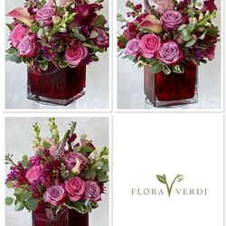 Flora Verdi - Red cube . "Designers Choice Romance  Mix" in pinks, burgundy,lavender,red, and blue $125.00 +