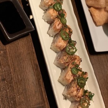 Shinsei - Dragon Lady Press (Flame Seared Salmon, Spicy Tuna, Serrano Peppers, Crispy Onions) - Asian Fusion Near Me - Dallas, Texas Shinsei - Dragon Lady Press (Flame Seared Salmon, Spicy Tuna, Serrano Peppers, Crispy Onions) - Asian Fusion Near Me - Dallas, Texas