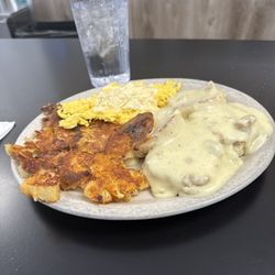The Cafe - Cafe Biscuits and Gravy, scrambled eggs, burn my potatoes intentionally please, so good!