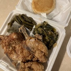 Sistas Soul Food Kitchen - Pork chop, cabbage-collards, GreenBeans, Jonny/ho-cake.