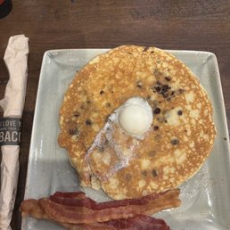 Kids chocolate chip pancake and bacon