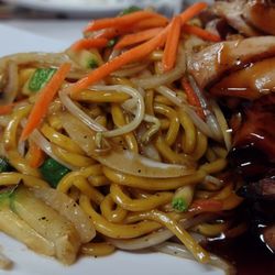 Tokyo Teriyaki - Chicken Teriyaki with veggie Chow Mein. Big food and tasty. It's part of a huge menu. The people who own and run this place are wonderful.