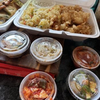 Woo Jung Restaurant - Gan Poong Gi Bab with chicken fried rice and different pickles - Korean Near Me - Ayer, Massachusetts Woo Jung Restaurant - Gan Poong Gi Bab with chicken fried rice and different pickles - Korean Near Me - Ayer, Massachusetts