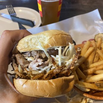Swingbellys BBQ - Pulled Pork Classic BBQ Sandwich with crispy onions and slaw - Barbeque Near Me - Long Beach, New York Swingbellys BBQ - Pulled Pork Classic BBQ Sandwich with crispy onions and slaw - Barbeque Near Me - Long Beach, New York