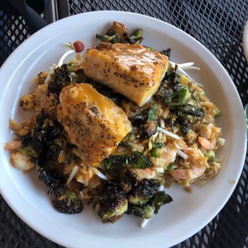 Prima Italian Kitchen - Grilles grouper over Shrimp Fried Rice with Caramelized Brussels' Sprouts - Salad Near Me - Valrico, Florida
