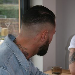 Less Than Zero Barbers - Skin Fade Pompadour with Hard parting, styled with uppercut deluxe