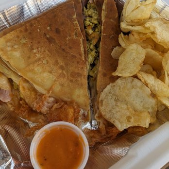 Abelitos Crepe Cafe - "The Classic" breakfast crepe with ham, egg, and cheese. Also served with potato chips and dipping sauce - Food Trucks Near Me - Bastrop, Texas