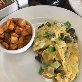 Hash Kitchen - Veggie egg scramble with mushrooms, onions, peppers and pepper jack cheese. Side of hash browns - Breakfast & Brunch Near Me - Scottsdale, Arizona Hash Kitchen - Veggie egg scramble with mushrooms, onions, peppers and pepper jack cheese. Side of hash browns - Breakfast & Brunch Near Me - Scottsdale, Arizona