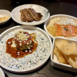 Albacore Tuna & Salmon Stack, Salmon Tataki, Grilled Beef Ribs