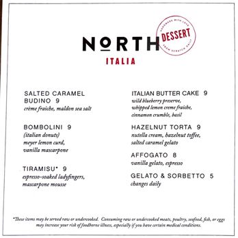 North Italia - Dessert Menu - Sept 2021 - Italian Near Me - Gilbert, Arizona