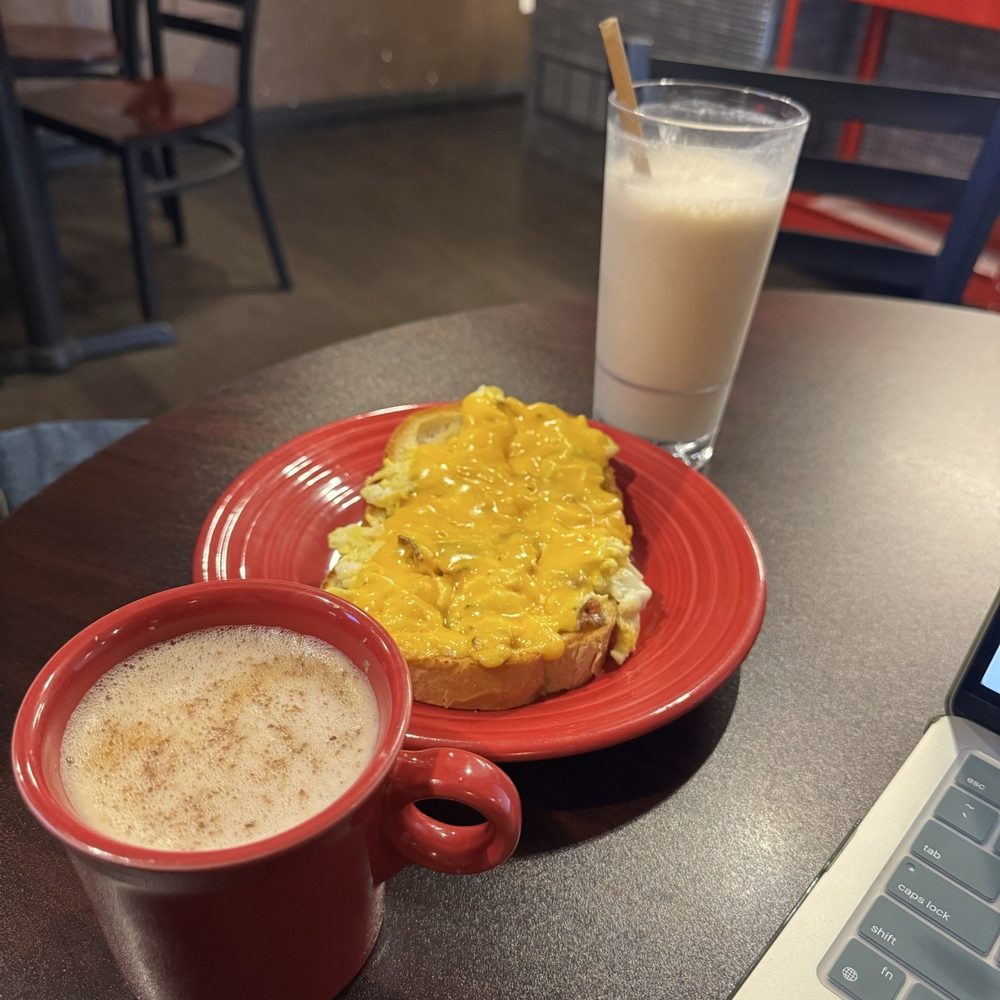 Egg scramble, latte and smoothie Egg scramble, latte and smoothie