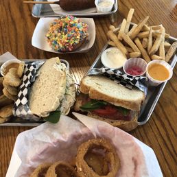 Chicken salad sandwich w/ fried pickles, BLT w/ French fries, onion rings, a sweet potato corn dog, fruity pebbles donut. ALL GLUTEN FREE!! Chicken salad sandwich w/ fried pickles, BLT w/ French fries, onion rings, a sweet potato corn dog, fruity pebbles donut. ALL GLUTEN FREE!!