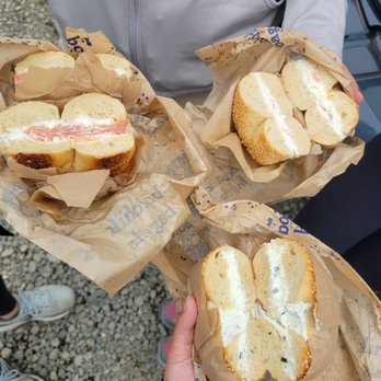 Boichik Bagels - everything bagel w/ cream cheese and lox (upper left), sesame bagel w/ lox spread (upper right), sesame bagel w/ chive spread (bottom) - Bagels Near Me - Berkeley, California
