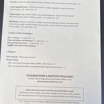 Blossom and Root Kitchen - menu back - Vegan Near Me - Danville, California