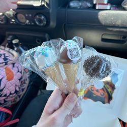 Monroe Farmers Market - cake pops: birthday cake & chocolate both decorated as an ice cream, & cookies & cream