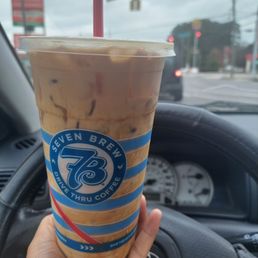 large funnel cake blondie with extra carmel drizzle and cold foam