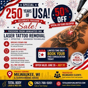 Total Body Laser Med Spa Brookfield - 250 Years USA P50 % OFF promo laser tattoo removal - Laser Hair Removal Near Me - Brookfield, Wisconsin Total Body Laser Med Spa Brookfield - 250 Years USA P50 % OFF promo laser tattoo removal - Laser Hair Removal Near Me - Brookfield, Wisconsin
