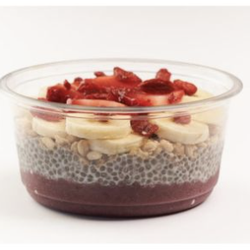CYOB! Featured: Base layered with Vitality blend, chia pudding topped with organic granola, bananas, strawberries, organic goji berries