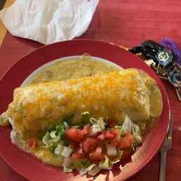 beef burrito with green sauce, added rice