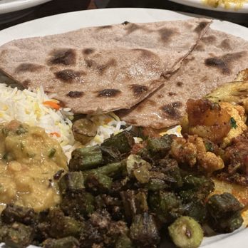 Beyond Biryani - My plate: Daal Tadka (lentils), aloo gobi(cauliflower), kurkuri bhindi (okra), whole wheat roti and rice. - Desserts Near Me - Redlands, California