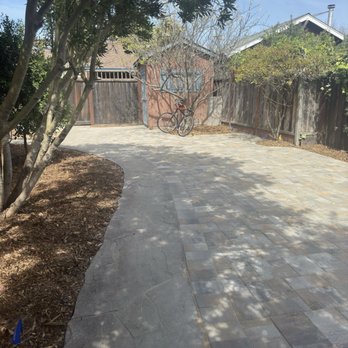 Modern Paving - Weeds are replaced with mulch and pavers are in place waiting for the shed and patio furniture - Masonry/Concrete Near Me - San Mateo, California Modern Paving - Weeds are replaced with mulch and pavers are in place waiting for the shed and patio furniture - Masonry/Concrete Near Me - San Mateo, California
