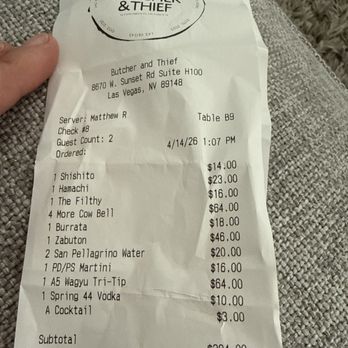 Butcher & Thief - 3% credit card fee Instead of having a separate fee, increase the price. Addition line items brings a sour taste. - Steakhouses Near Me - Las Vegas, Nevada