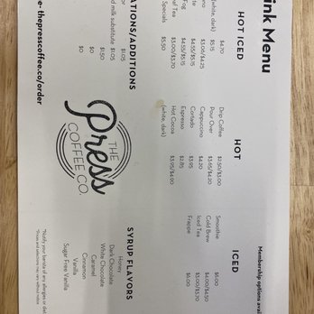 The Press Coffee Company - Drink menu - Coffee & Tea Near Me - New Castle, Indiana The Press Coffee Company - Drink menu - Coffee & Tea Near Me - New Castle, Indiana