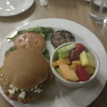 Timber's Restaurant - Greek veggie burger with side of fruit - American Near Me - Lore City, Ohio Timber's Restaurant - Greek veggie burger with side of fruit - American Near Me - Lore City, Ohio