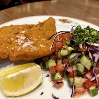 Cafe Landwer - Schnitzel with chopped salad - Cafes Near Me - Toronto, Ontario Cafe Landwer - Schnitzel with chopped salad - Cafes Near Me - Toronto, Ontario