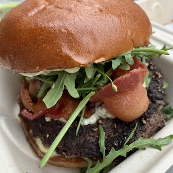 Scolari's Good Eats - Blueberry Bacon Blue Cheese Burger- pre-Blueberry Sauce drizzle - Burgers Near Me - Alameda, California Scolari's Good Eats - Blueberry Bacon Blue Cheese Burger- pre-Blueberry Sauce drizzle - Burgers Near Me - Alameda, California