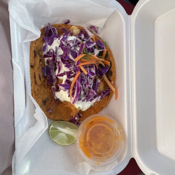 Mariscos Los Peloteros - Fish taco. A spicy but mild for habanero salsa. Lol. Fish is fried to perfection!!! Tortilla is perfect & the sauces in this are spot on! - Food Trucks Near Me - Riverside, California