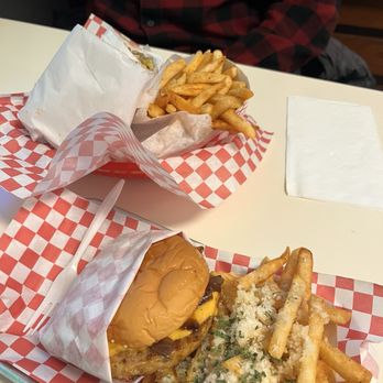 Sideshow Express - Chopped Cheese and veggie burger with garlic fries. - Burgers Near Me - Oakland, California