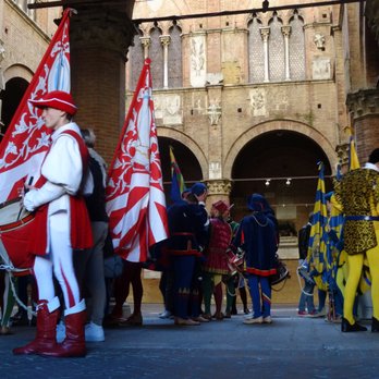 Torre del Mangia - The different contrade assemble in the Torre's courtyard - Landmarks & Historical Buildings Near Me - Siena, SI Torre del Mangia - The different contrade assemble in the Torre's courtyard - Landmarks & Historical Buildings Near Me - Siena, SI