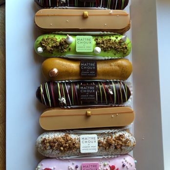Maitre Choux - Spanish raspberry pink / Tahitian vanilla and pecan  / salted butter with homemade caramel / dark chocolate / ? / pistachio (bottom up) - Desserts Near Me - London, XGL