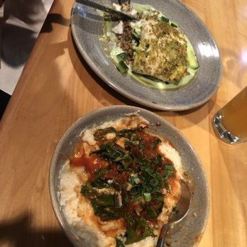 The Cookery - Alaskan Shrimp and grits with pistachio halibut in the background. - Seafood Near Me - Seward, Alaska