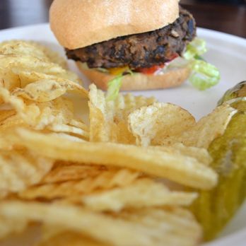 Luhv Vegan Bistro - Black Bean Plantain Burger with Chips and Pickle - Cafes Near Me - Hatboro, Pennsylvania Luhv Vegan Bistro - Black Bean Plantain Burger with Chips and Pickle - Cafes Near Me - Hatboro, Pennsylvania