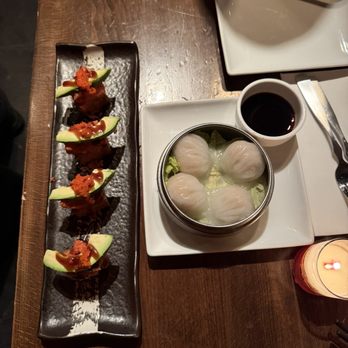 SHI - Spicy Tuna Crispy Rice, Shrimp Dumplings (with a hair on the left) - Asian Fusion Near Me - Long Island City, New York