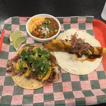 Taqueria Chingon - Duck Carnitas (left), Gobernador Shrimp Taco (right) with rice and beans (Tuesday deal) - Tacos Near Me - Chicago, Illinois