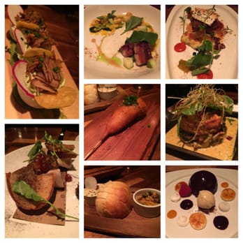Oakleys Bistro - top to bottom, L to R: pastor eggs, bone marrow, pumpkin gnocchi, shrimp corn dog, foie, suckling pig, lobster waffle, choc dome - New American Near Me - Indianapolis, Indiana