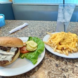 Mushroom Swiss burger w/ cheese fries.