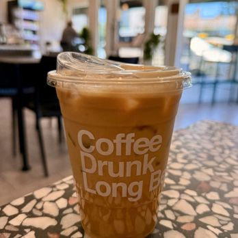CoffeeDrunk - On My Way latte (house-made salted pistachio syrup, espresso, milk) - Coffee & Tea Near Me - Long Beach, California