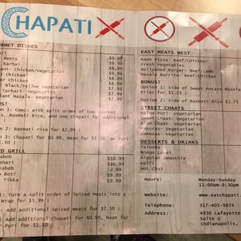 Chapati - Menu as of December 2015 - Indian Near Me - Indianapolis, Indiana