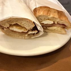 Egg, bacon, Gruyère cheese sandwich