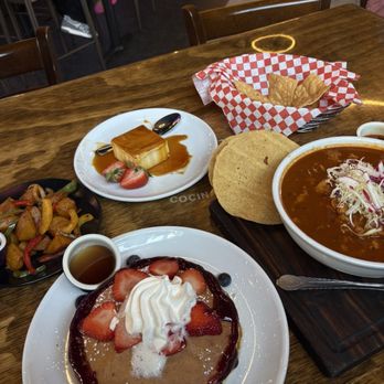 La Más Querida - pancakes with strawberries and pozole - Mexican Near Me - San Jose, California La Más Querida - pancakes with strawberries and pozole - Mexican Near Me - San Jose, California