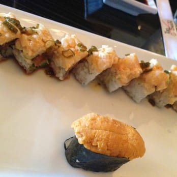 Top Sushi - D's Top Notch Roll (chopped sea scallop, fresh salmon, avocado, sake-butter) + Uni Nigiri - Sushi Bars Near Me - Houston, Texas Top Sushi - D's Top Notch Roll (chopped sea scallop, fresh salmon, avocado, sake-butter) + Uni Nigiri - Sushi Bars Near Me - Houston, Texas